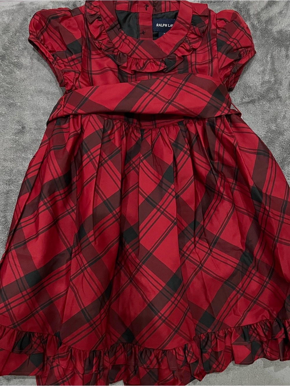 Ralph Lauren Red & Black Tartan Plaid Ruffled Collar Girls Dress w/ Puff Sleeves